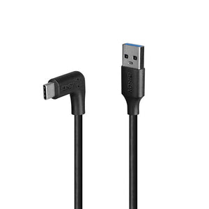 Lindy 1m USB 3.2 Type A to C 90 degree cable, black, showing the right angled USB-C plug and the USB-A plug with blue insert