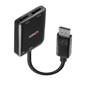 Lindy 2 Port DisplayPort 1.2 MST Hub with its two DisplayPort outputs facing up and the DisplayPort plug on a short cable