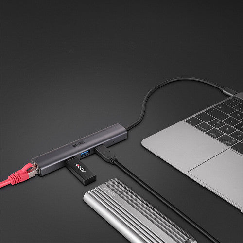 Lindy 3 Port USB 3.2 Gen 2 Type C Hub with Gigabit Ethernet