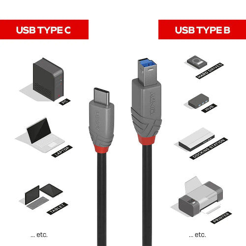 Lindy 3m USB 3.2 Type C to B Cable 5Gbps Anthra Line