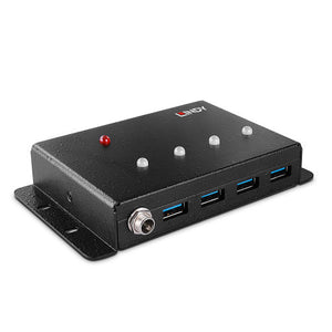 Black Lindy 4 Port USB 3.0 Metal Hub with mounting brackets, screw DC socket, four blue USB-A ports and status LEDs