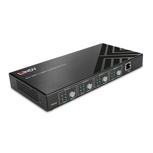 Lindy 4x4 USB 3.2 Gen 1 Matrix Switch, angled front view of the black metal unit with device buttons and RJ-45 port