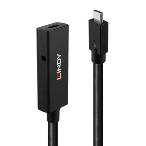 Lindy 5m USB 3.2 Gen 2 Active Extension Type C to C, black USB-C socket housing with Lindy logo beside the black USB-C plug