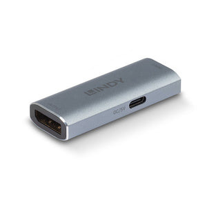 Lindy DisplayPort 1.4 Repeater in silver aluminium lying flat, showing a DisplayPort female port and the USB-C power port on the side