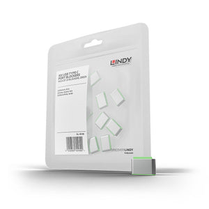 Lindy USB C Port Blocker 10 Pack Green in its clear retail blister pack, with green trimmed blockers visible inside and one blocker standing in front