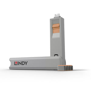 Lindy USB C Port Blocker 4 Pack + Key Orange: grey Lindy key with an orange slider standing upright beside four orange trimmed USB-C blockers