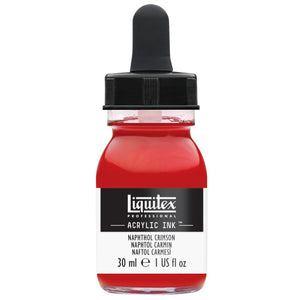 Liquitex Professional Acrylic Ink Naphthol Crimson 292, 30 ml (1 US fl oz) glass bottle with black dropper cap; front label names the colour in English, French and Spanish