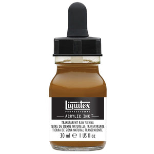 Liquitex Professional Acrylic Ink Transparent Raw Sienna 332, 30 ml (1 US fl oz) glass bottle with black dropper cap; front label names the colour in English, French and Spanish