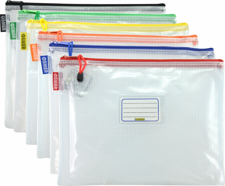 Osmer clear mesh cases A4 36 x 27cm fanned out with black, green, yellow, orange, blue and red zips, red zip case at the front