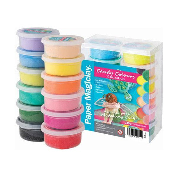 Paper Magiclay Candy Colours pack labelled 240g, 12 tubs x 20g, beside two stacks of open colour tubs from lilac and peach down to black and red
