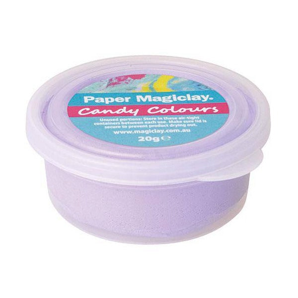 Single 20g tub of lilac Paper Magiclay Candy Colours clay with a clear lid and a label advising to store unused portions in the airtight tub