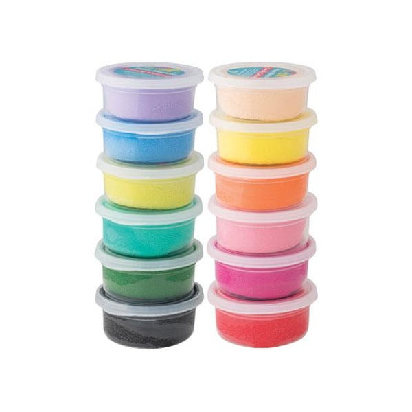 Two columns of six Paper Magiclay Candy Colours tubs with clear lids, holding pastel and bright coloured modelling clay