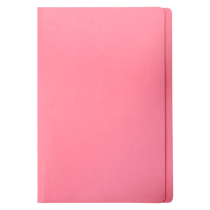Single closed pink Marbig foolscap manilla folder on a white background, plain board with rounded outer corners and a faint score line along the spine