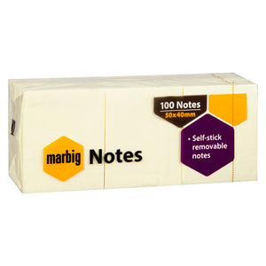 Marbig Notes pack of yellow 50 x 40mm pads in clear wrap, the label printed 100 Notes 50x40mm and Self-stick removable notes