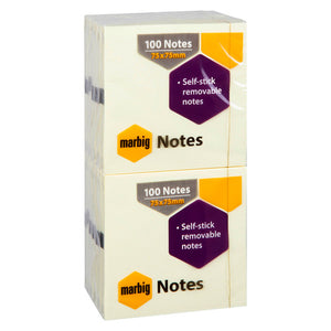 Two wrapped stacks of yellow Marbig Notes pads, each label printed 100 Notes 75x75mm and Self-stick removable notes