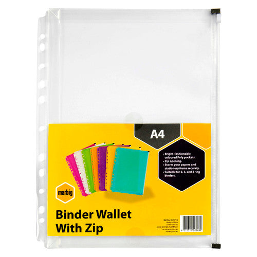 Marbig Binder Wallet A4 Right Side Zip Open Clear Box of 12