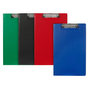 Four Marbig foolscap clipfolders in green, black, red and blue standing side by side, each closed with its chrome clip showing at the top of the cover