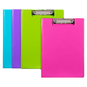 Four Marbig Summer Colours clipfolders fanned out in blue, purple, lime and pink, the pink one in front showing its silver wire clip