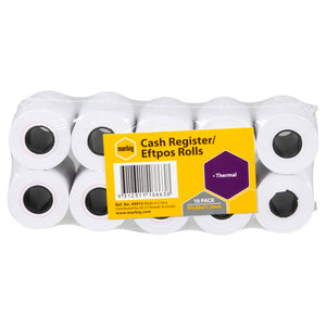 Marbig ten pack of thermal rolls with a yellow label reading Cash Register/Eftpos Rolls, Thermal, 10 Pack 57x35x11.5mm and Ref. No. 49013