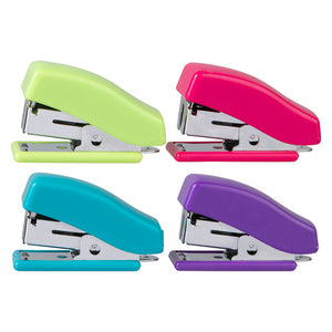 Four Marbig 975428 mini staplers from the side in lime, pink, aqua and purple, each with a chrome front