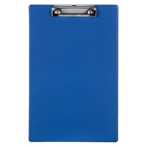 Marbig blue foolscap clipboard 4301001 face on with a chrome metal clip across the top