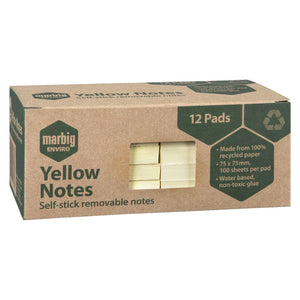 Marbig Enviro Yellow Notes kraft carton printed "12 Pads", "Made from 100% recycled paper", "75 x 75mm, 100 sheets per pad" and "Water based, non-toxic glue"