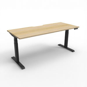 Rapidline Boost Plus electric height adjustable single sided workstation, E0 rated Natural Oak top on a black satin powdercoated frame. Rapidline range image supplied for model B+1P1275 NO/BL.