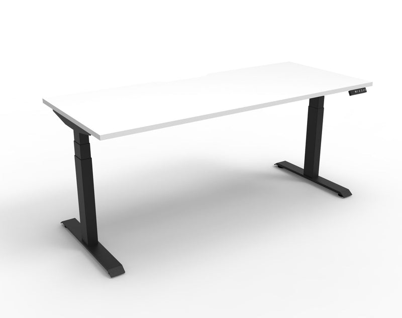 Rapidline Boost Plus electric height adjustable single sided workstation, E0 rated Natural White top on a black satin powdercoated frame. Rapidline range image supplied for model B+1P1575 NW/BL.