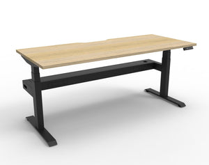Rapidline Boost Plus electric height adjustable single sided workstation, E0 rated Natural Oak top on a black satin powdercoated frame. Rapidline range image supplied for model B+1PCT1575 NO/BL.