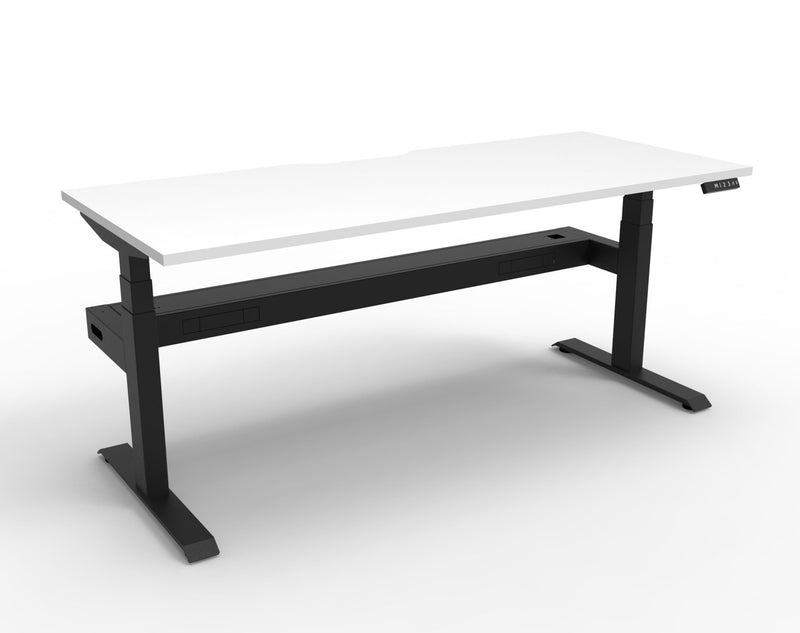 Rapidline Boost Plus electric height adjustable single sided workstation, E0 rated Natural White top on a black satin powdercoated frame. Rapidline range image supplied for model B+1PCT1875 NW/BL.