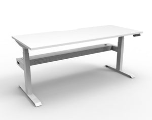 Rapidline Boost Plus electric height adjustable single sided workstation, E0 rated Natural White top on a white satin powdercoated frame. Rapidline range image supplied for model B+1PCT1875 NW/WS.