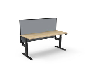 Rapidline Boost Plus electric height adjustable single sided workstation, E0 rated Natural Oak top on a black satin powdercoated frame. Rapidline range image supplied for model B+1PWS1575 NO/BL.