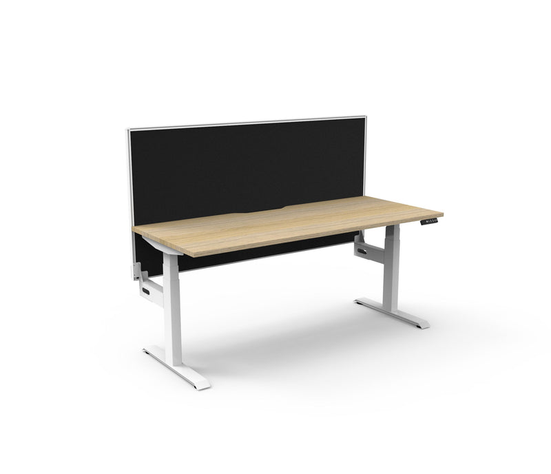 Rapidline Boost Plus electric height adjustable single sided workstation, E0 rated Natural Oak top on a white satin powdercoated frame. Rapidline range image supplied for model B+1PWS1575 NO/WS.