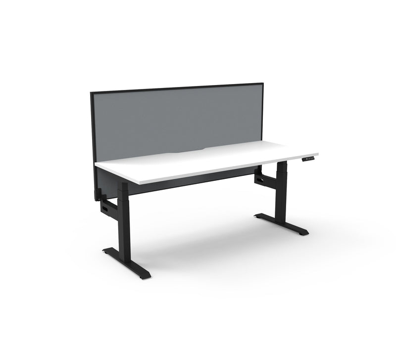 Rapidline Boost Plus electric height adjustable single sided workstation, E0 rated Natural White top on a black satin powdercoated frame. Rapidline range image supplied for model B+1PWS1275 NW/BL.