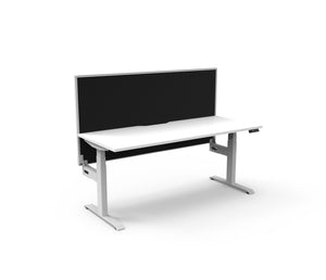Rapidline Boost Plus electric height adjustable single sided workstation, E0 rated Natural White top on a white satin powdercoated frame. Rapidline range image supplied for model B+1PWS1875 NW/WS.