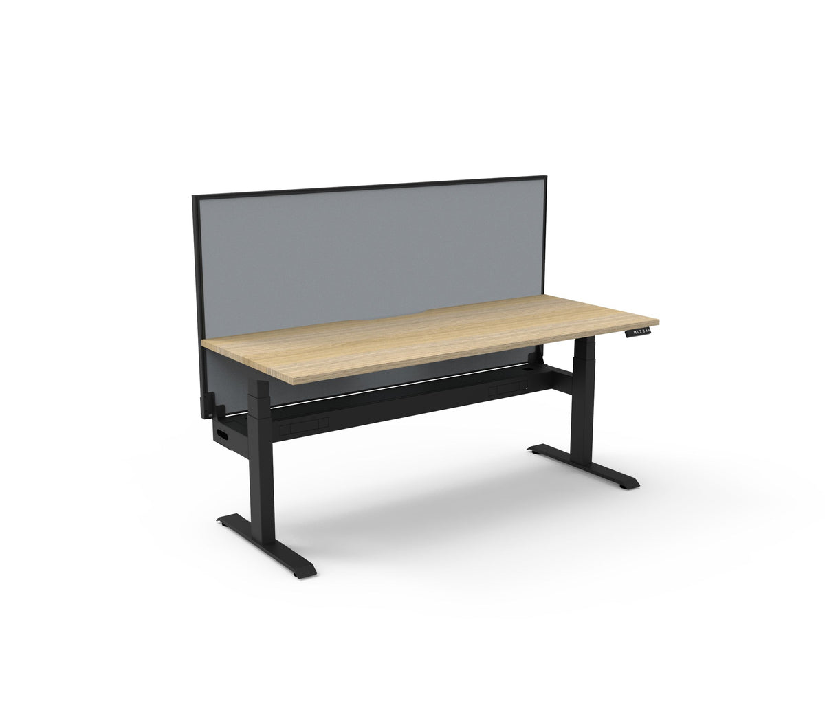 Rapidline Boost Plus electric height adjustable single sided workstation, E0 rated Natural Oak top on a black satin powdercoated frame. Rapidline range image supplied for model B+1PWSCT1275 NO/BL.