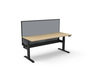 Rapidline Boost Plus electric height adjustable single sided workstation, E0 rated Natural Oak top on a black satin powdercoated frame. Rapidline range image supplied for model B+1PWSCT1275 NO/BL.