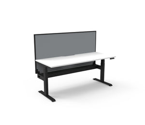 Rapidline Boost Plus electric height adjustable single sided workstation, E0 rated Natural White top on a black satin powdercoated frame. Rapidline range image supplied for model B+1PWSCT1875 NW/BL.