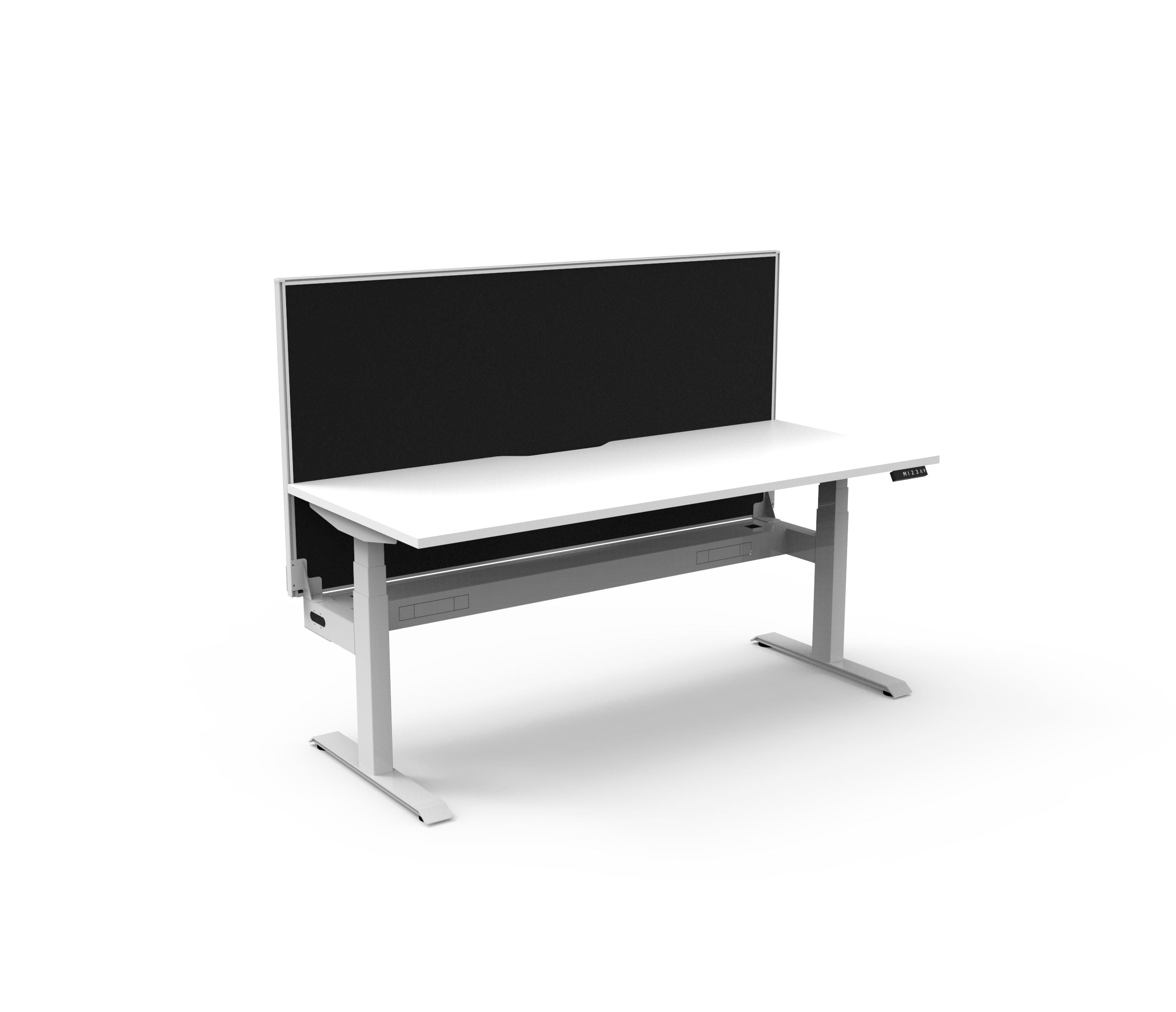 Rapidline Boost Plus electric height adjustable single sided workstation, E0 rated Natural White top on a white satin powdercoated frame. Rapidline range image supplied for model B+1PWSCT1875 NW/WS.