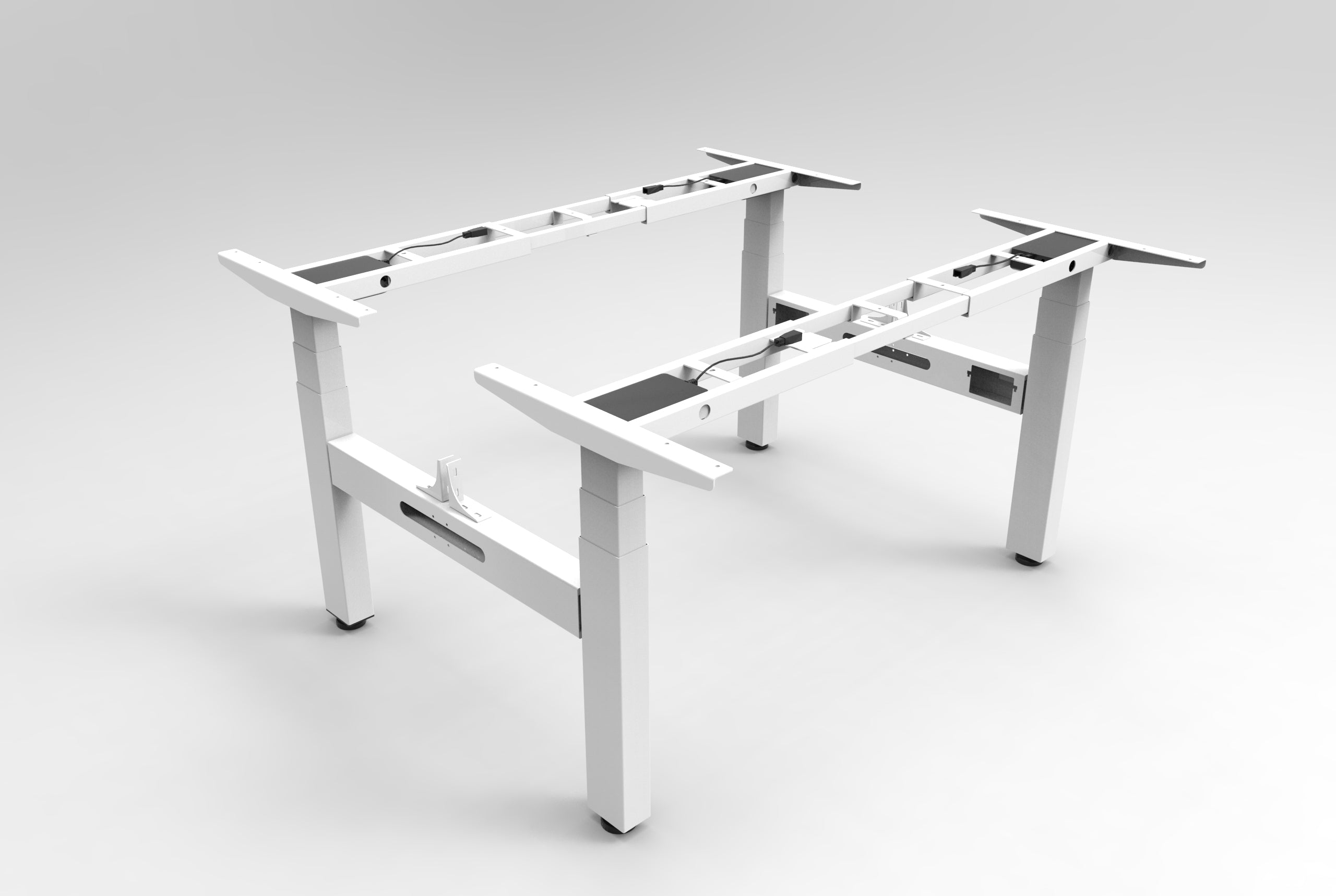 Rapidline Boost Plus back to back electric height adjustable frame in white satin powdercoat for electric height adjustable workstations. Supplied product image for model B2-BTBF WS.