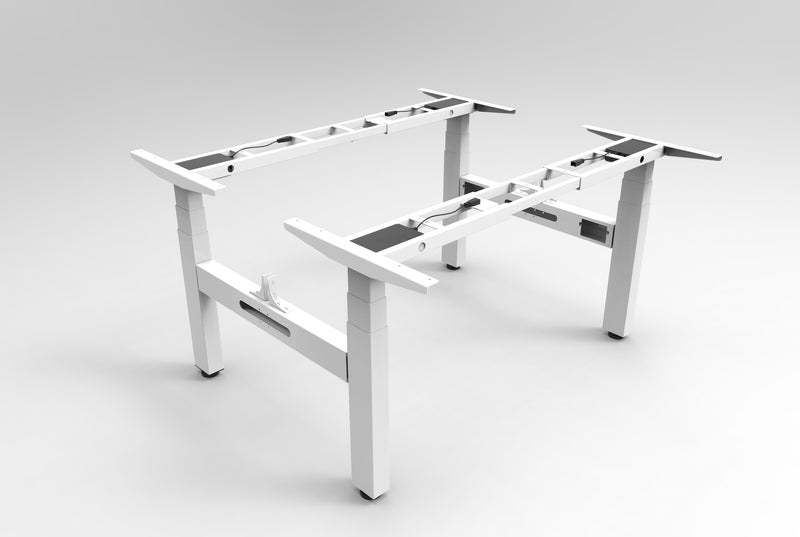 Rapidline Boost Plus back to back electric height adjustable frame in white satin powdercoat for electric height adjustable workstations. Supplied product image for model B2-BTBF WS.