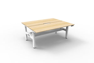 Rapidline Boost Plus electric height adjustable back to back workstation, E0 rated Natural Oak top on a white satin powdercoated frame. Rapidline range image supplied for model B+2PCT1875 NO/WS.