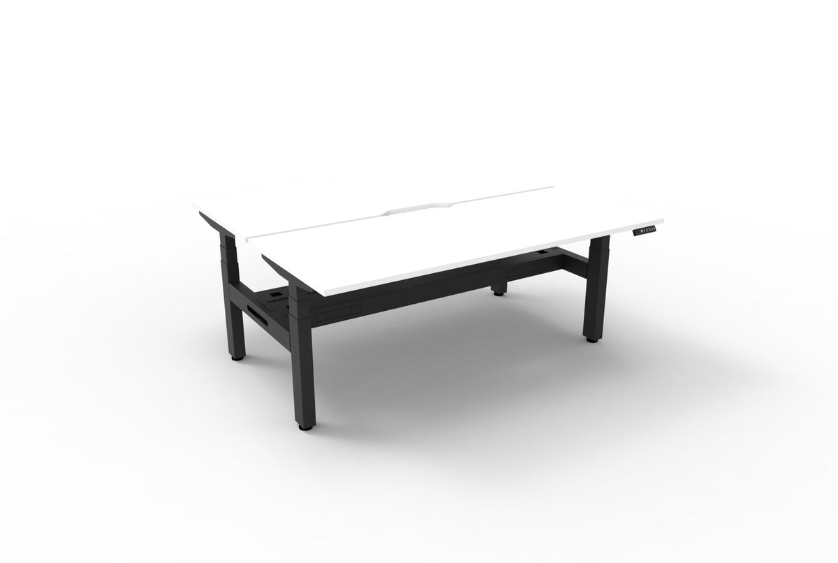 Rapidline Boost Plus electric height adjustable back to back workstation, E0 rated Natural White top on a black satin powdercoated frame. Rapidline range image supplied for model B+2PCT1875 NW/BL.