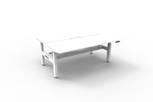 Rapidline Boost Plus electric height adjustable back to back workstation, E0 rated Natural White top on a white satin powdercoated frame. Rapidline range image supplied for model B+2PCT1875 NW/WS.