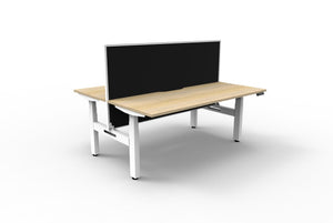 Rapidline Boost Plus electric height adjustable back to back workstation, E0 rated Natural Oak top on a white satin powdercoated frame. Rapidline range image supplied for model B+2PWS1575 NO/WS.