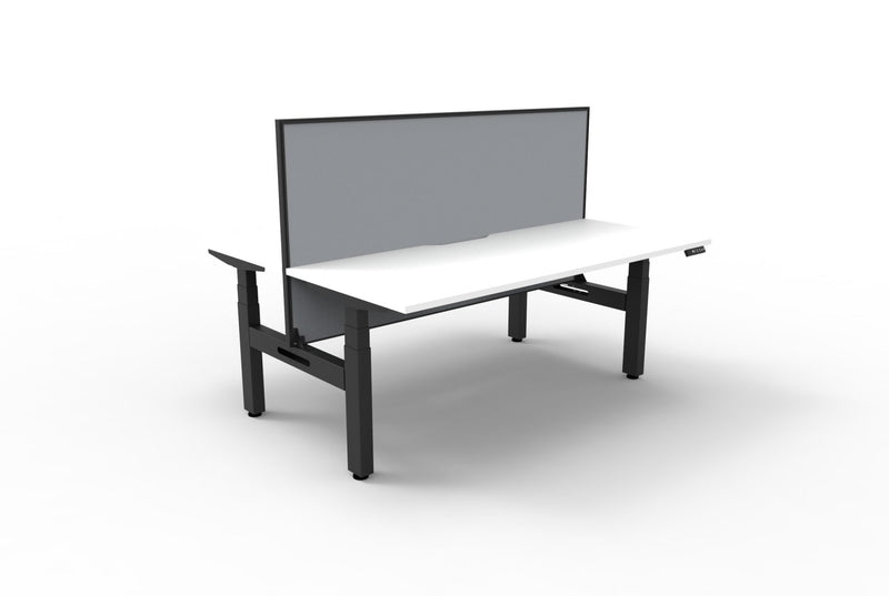 Rapidline Boost Plus electric height adjustable back to back workstation, E0 rated Natural White top on a black satin powdercoated frame. Rapidline range image supplied for model B+2PWS1275 NW/BL.