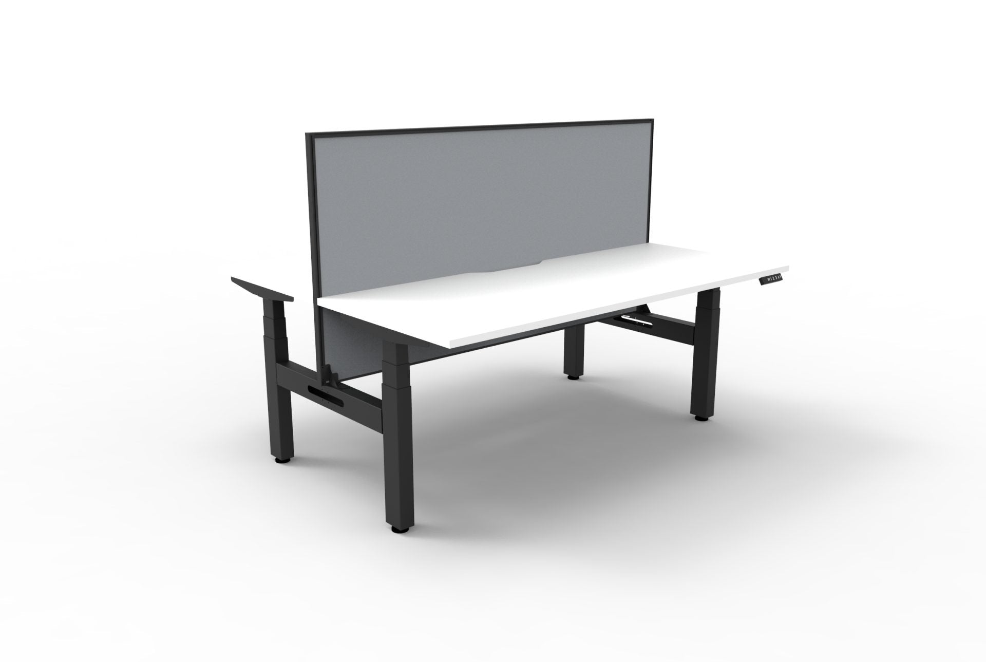Rapidline Boost Plus electric height adjustable back to back workstation, E0 rated Natural White top on a black satin powdercoated frame. Rapidline range image supplied for model B+2PWS1875 NW/BL.