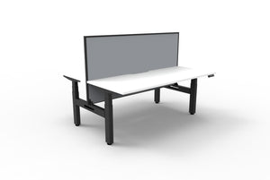 Rapidline Boost Plus electric height adjustable back to back workstation, E0 rated Natural White top on a black satin powdercoated frame. Rapidline range image supplied for model B+2PWS1875 NW/BL.
