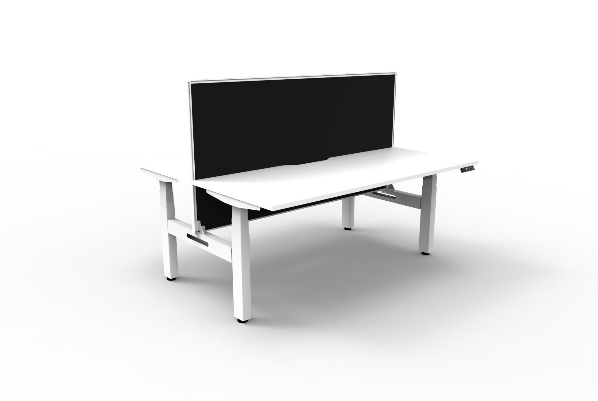 Rapidline Boost Plus electric height adjustable back to back workstation, E0 rated Natural White top on a white satin powdercoated frame. Rapidline range image supplied for model B+2PWS1875 NW/WS.