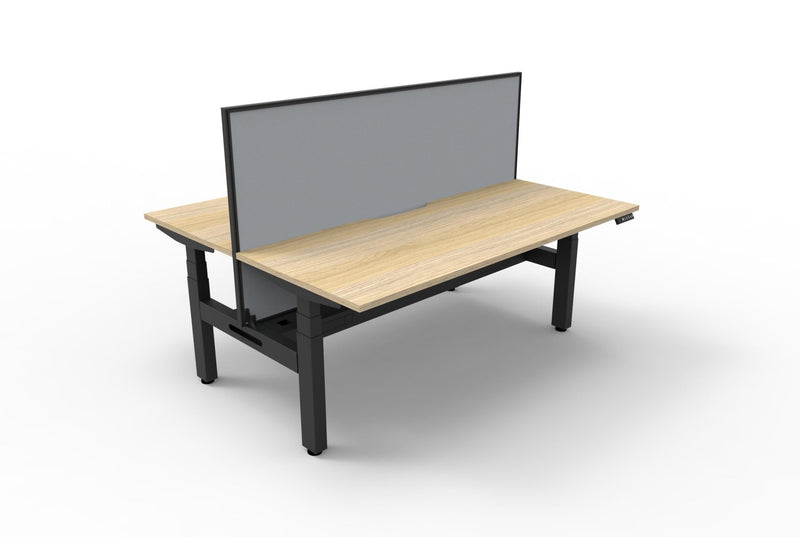 Rapidline Boost Plus electric height adjustable back to back workstation, E0 rated Natural Oak top on a black satin powdercoated frame. Rapidline range image supplied for model B+2PWSCT1875 NO/BL.